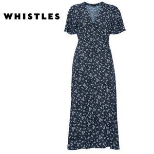 Whistles Navy Blue Floral Print Button-Down Midi Tea Dress, size S